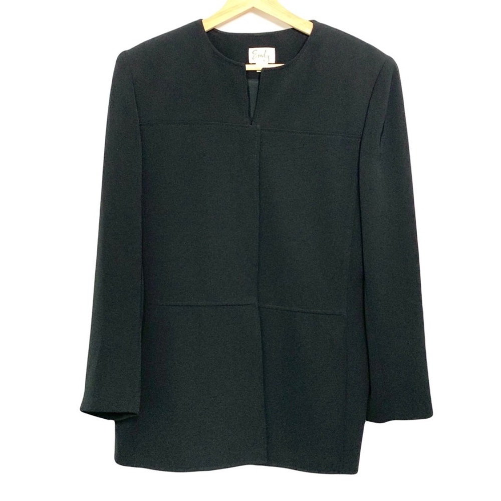 Black Collarless Blazer by Emily Black Long Line Boxy Jacket Blazer Size 8